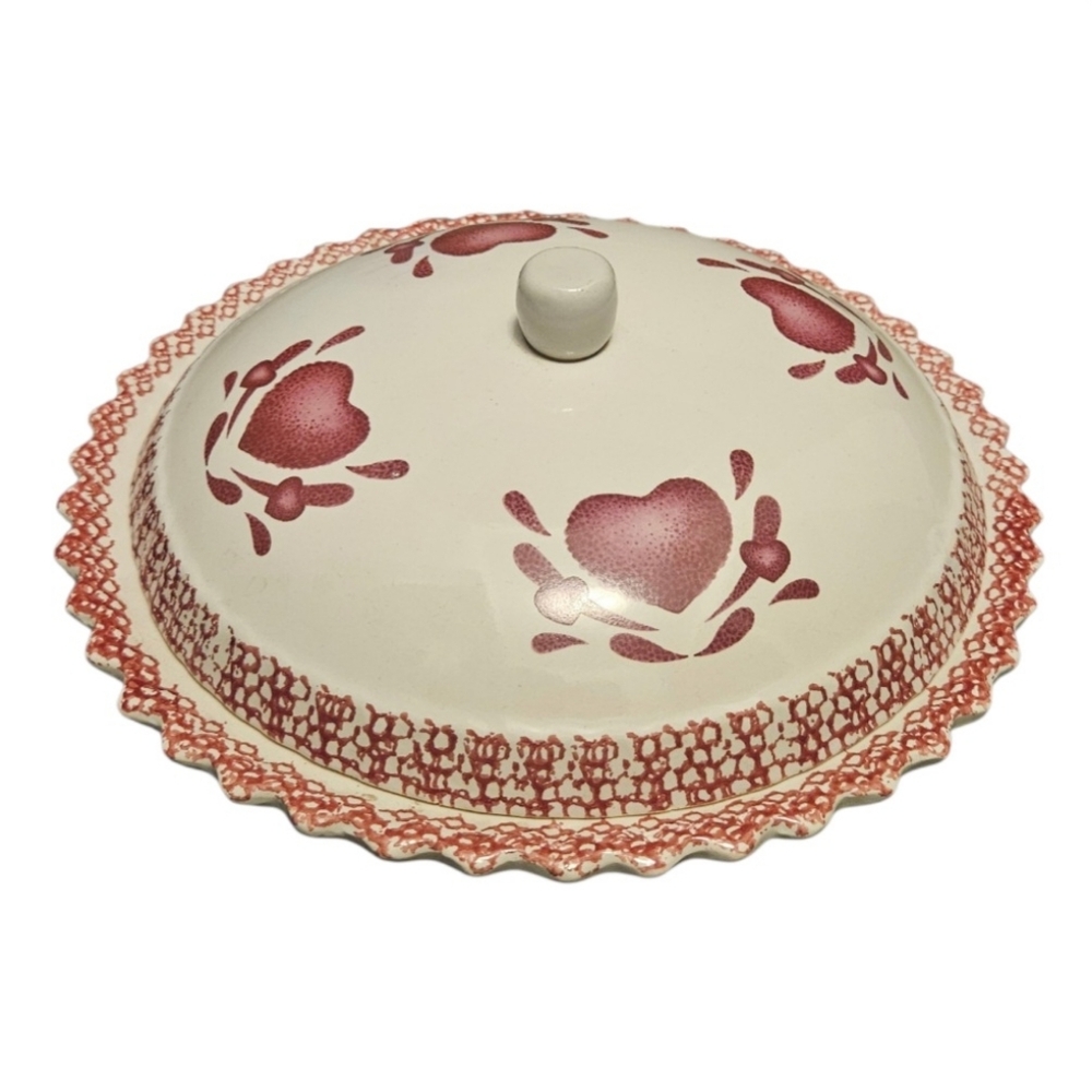 Vintage ABC Distributing Ceramic Pie Plate Lid Dish Country Kitchen Red Hearts
